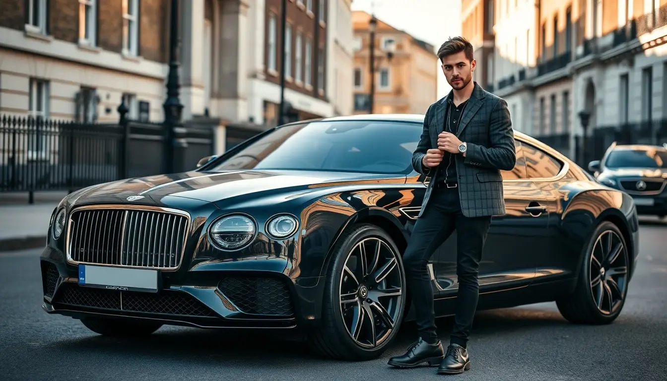 A man in a pose and RideBlack luxury car is behind him