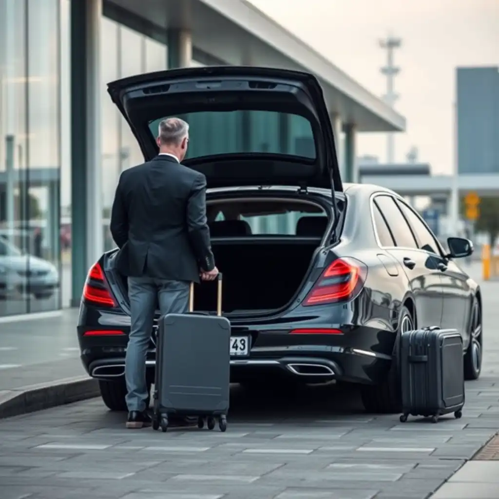 RideBlack chauffeur guest with luggage at London airport parking area
