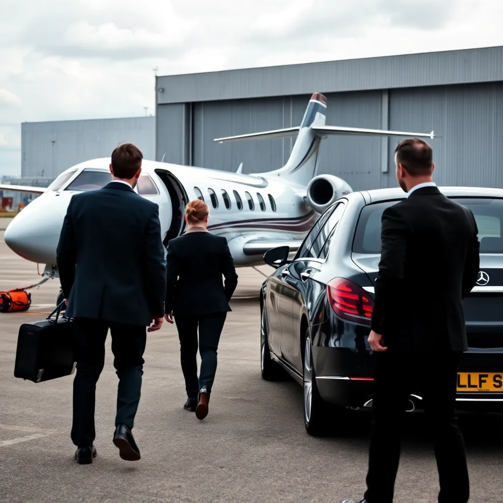 Guests leaving RideBlack luxury car and heading towards their aircraft at an FBO in London Airport