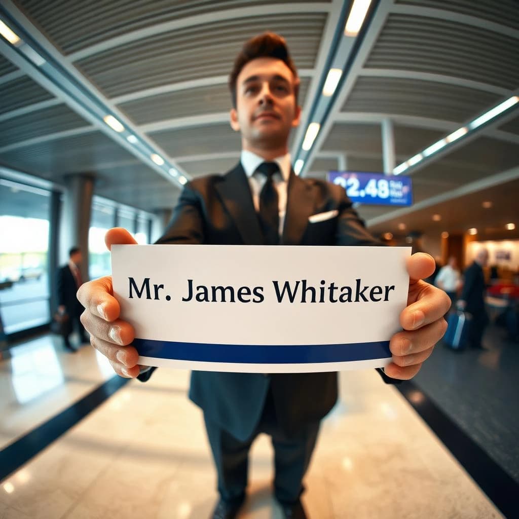 A RideBlack chauffeur holding a guest namecard at London airport chauffeur service